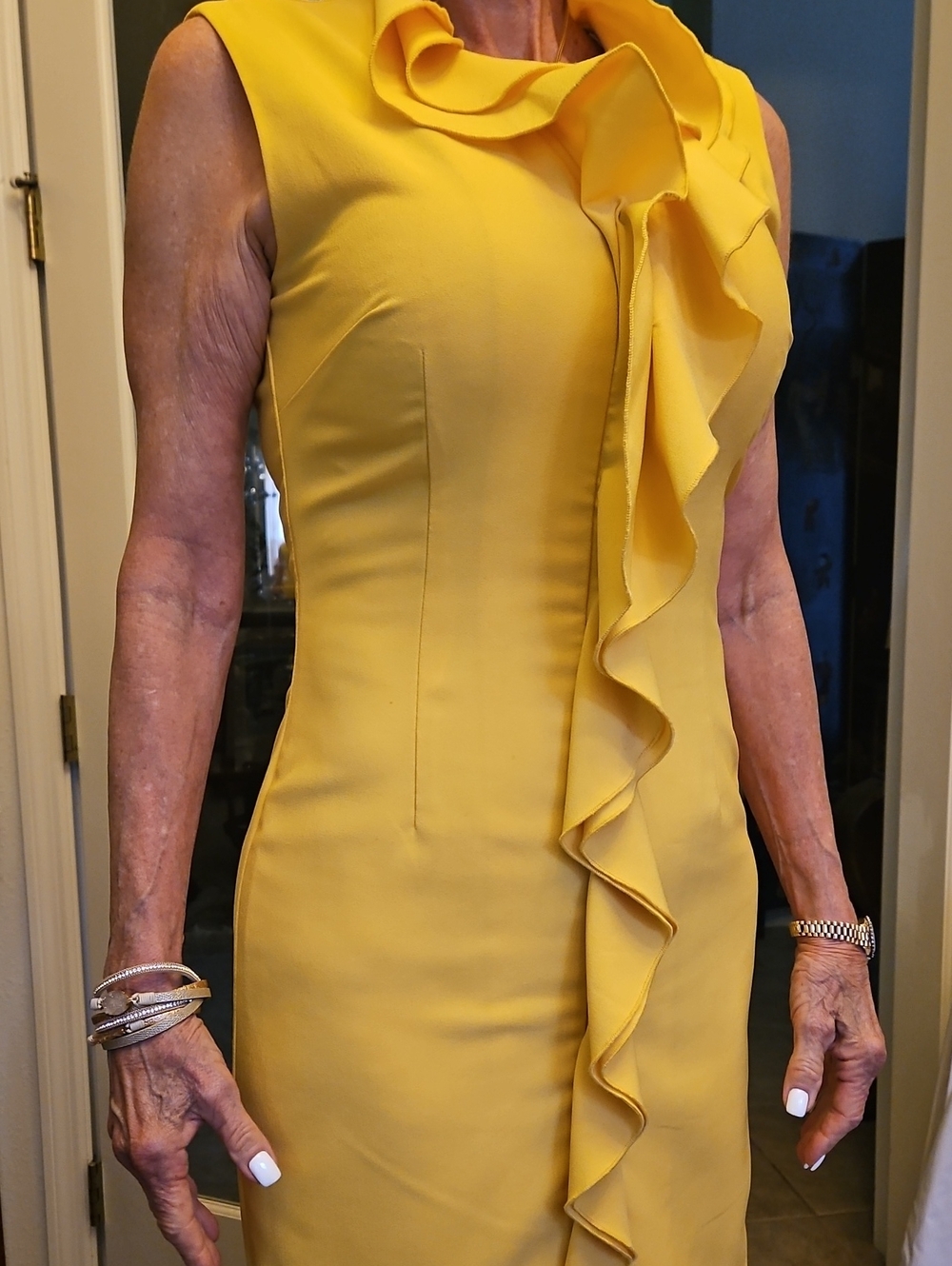Samuel Dong Yellow Ruffle Sheath Dress